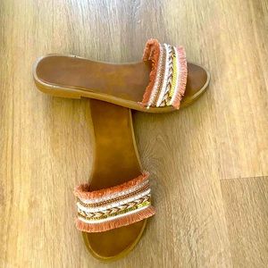 Sequined Fringe Band Flat Slide Sandals- size 39